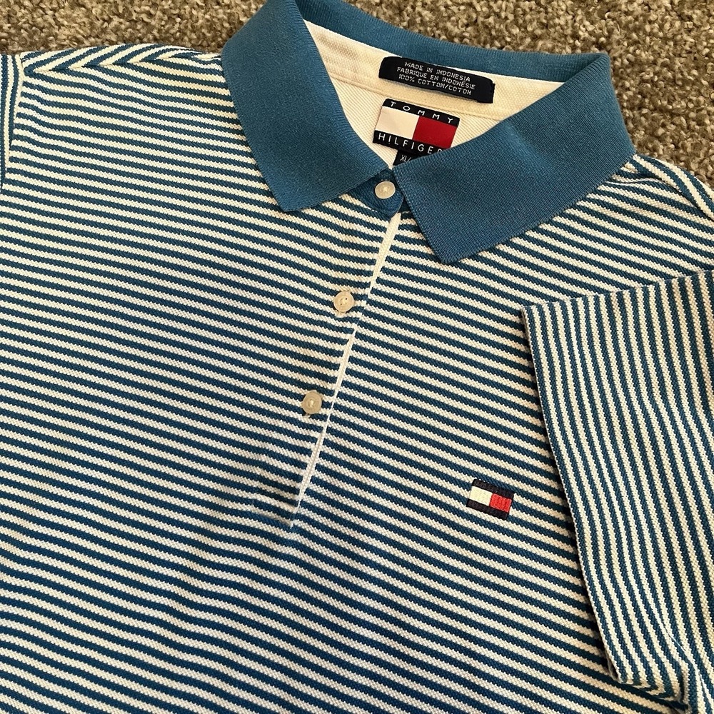 Tommy Hilfiger Polo Shirt Women's XL Blue Striped Logo Tennis Golf Preppy Y2K
